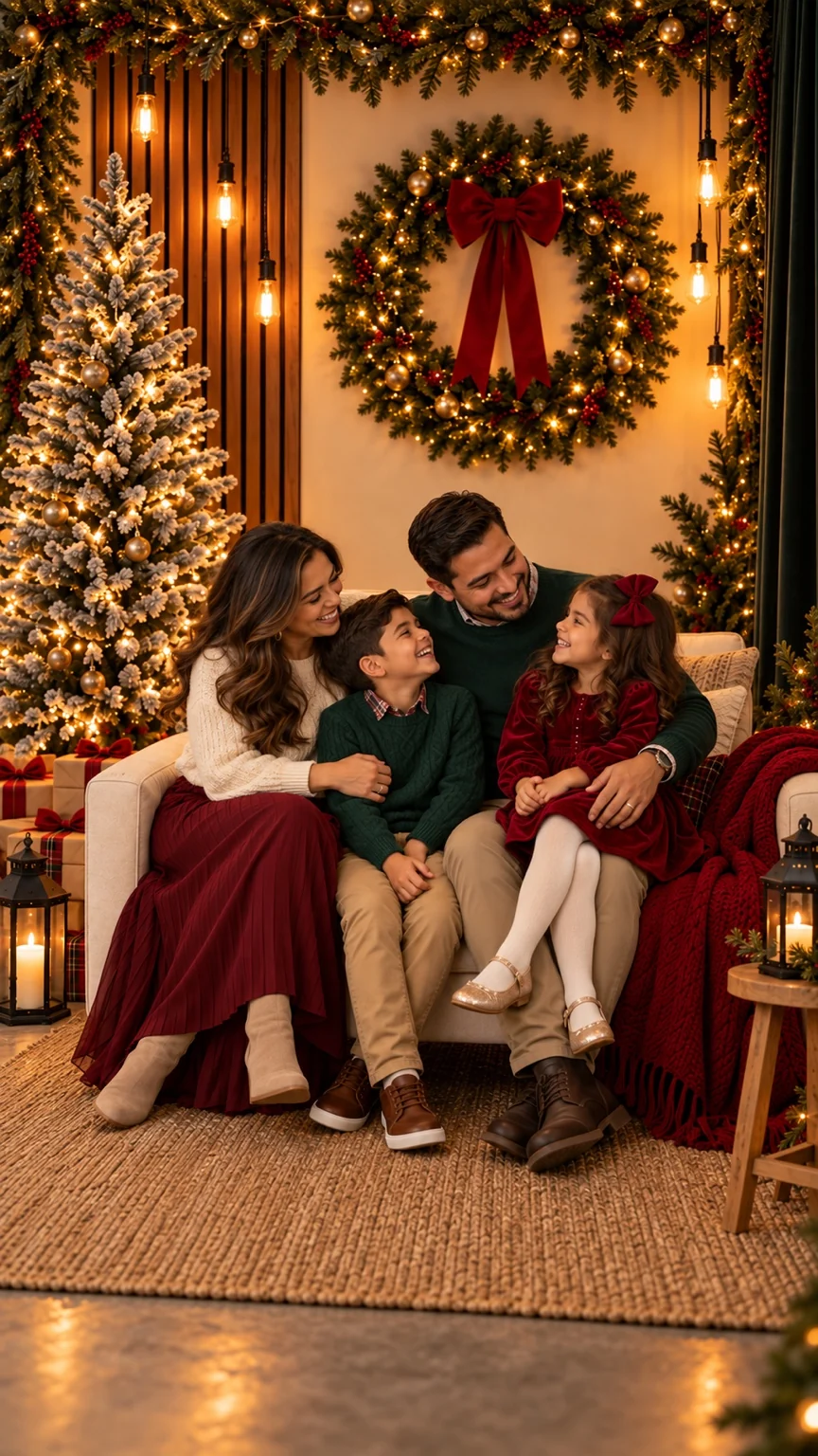 Referencia de una familia de cuatro sentada en el mismo set de Navidad