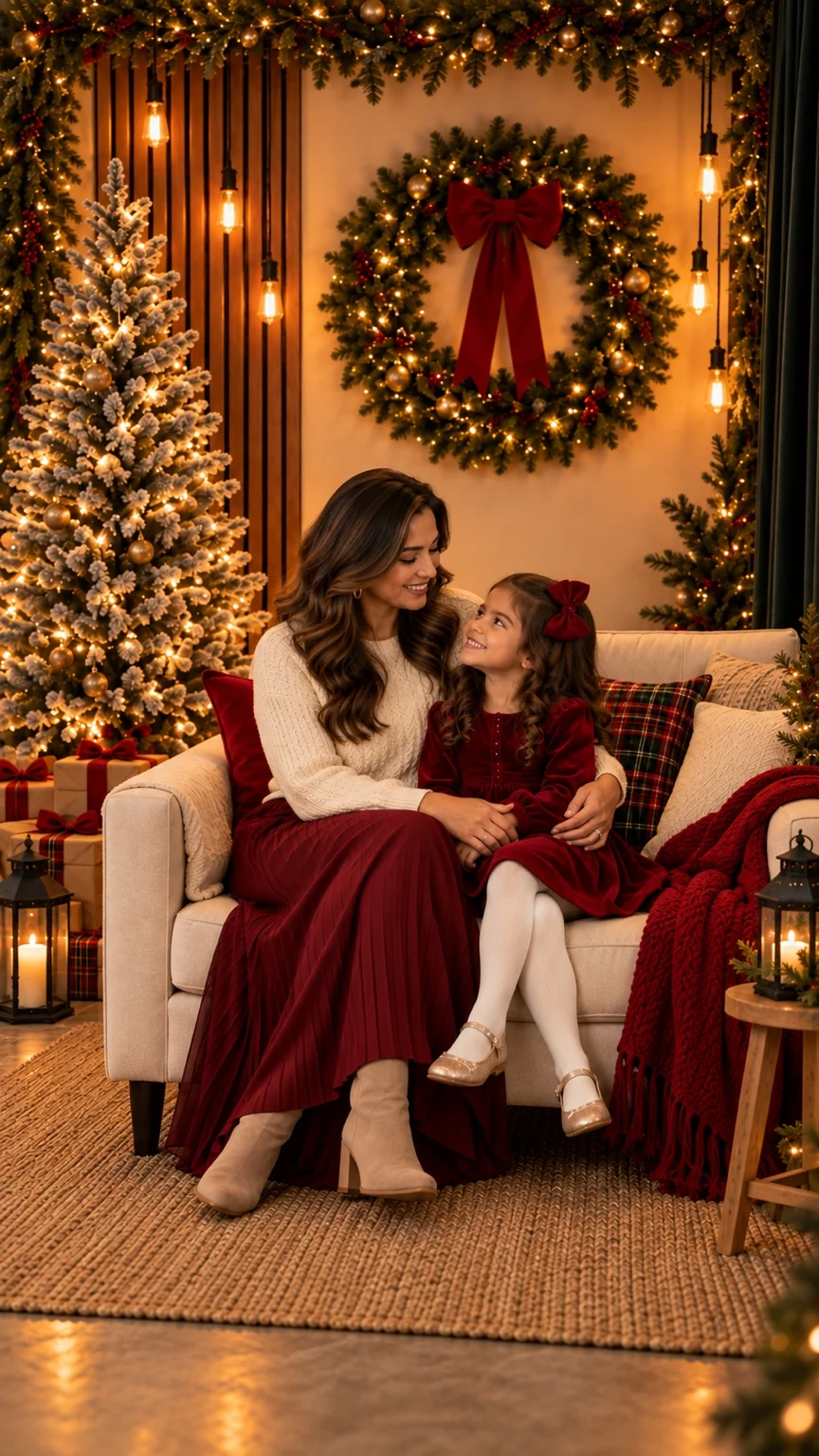Referencia de mamá e hija compartiendo un momento en el sofá del set navideño