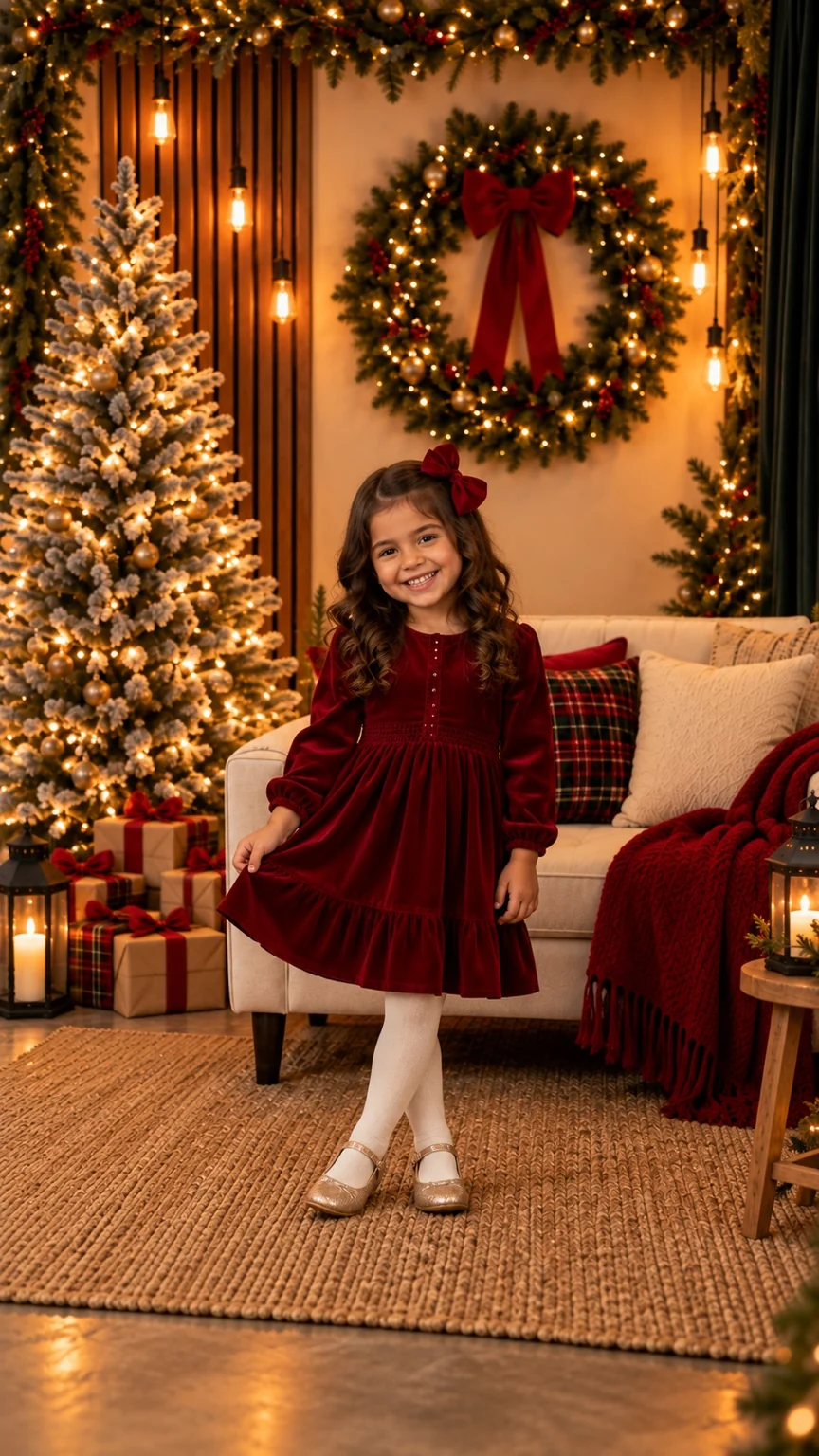 Referencia de retrato infantil con vestido rojo en el mismo escenario navideño