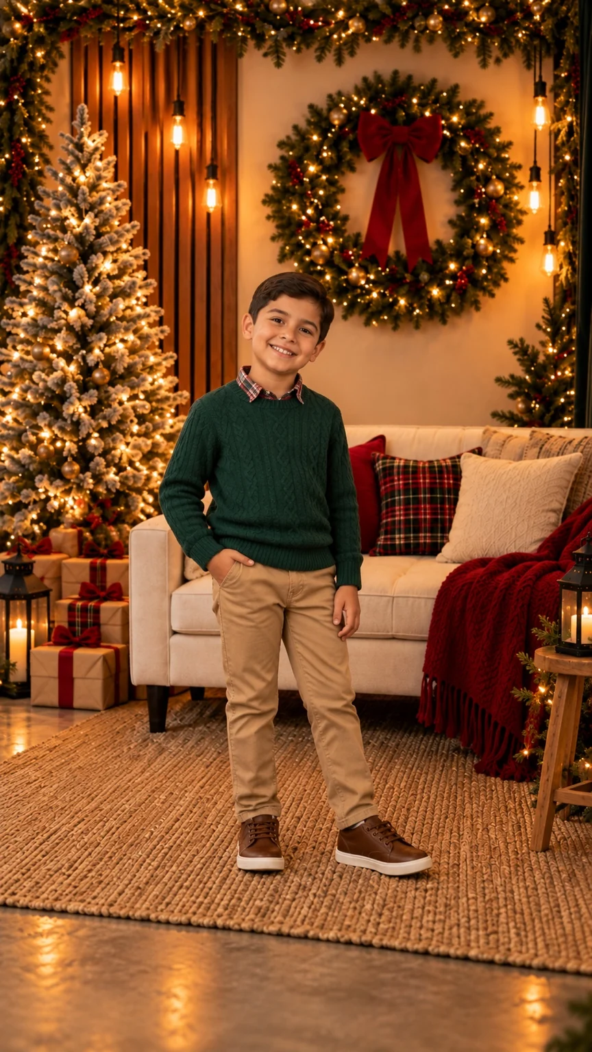 Referencia de retrato infantil con suéter verde junto al árbol y el sofá del set navideño